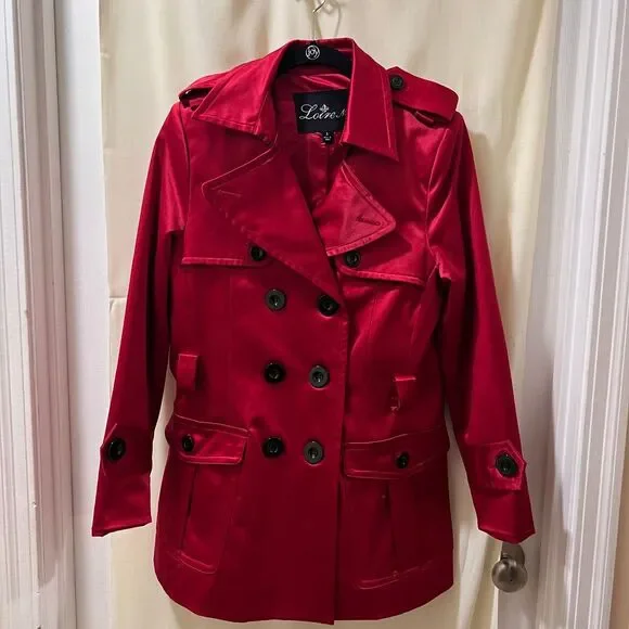 Love NY Red Satin Double-Breasted Trench Coat Military Style Jacket-Small - Picture 2 of 7